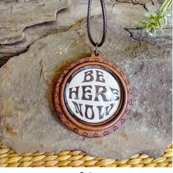 BE HERE NOW Ram Dass Quote Handmade Pendant, Necklace, Wood and Leather, NWOT - Picture 3 of 9